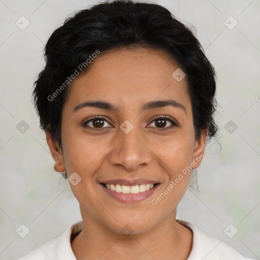 Joyful latino young-adult female with short  brown hair and brown eyes