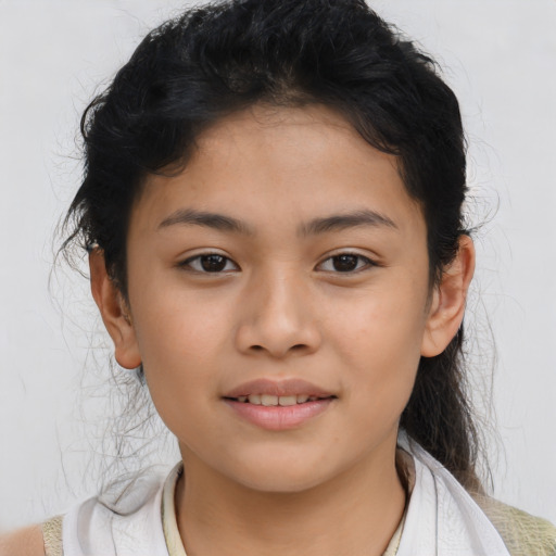 Joyful asian child female with medium  brown hair and brown eyes