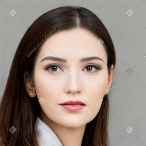 Neutral white young-adult female with long  brown hair and brown eyes