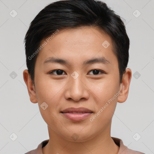 Joyful asian young-adult male with short  brown hair and brown eyes