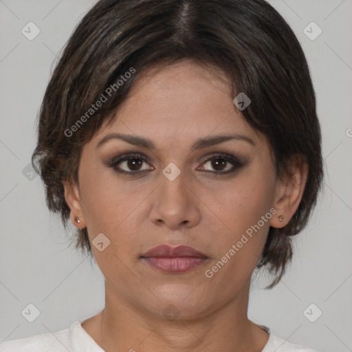 Joyful white young-adult female with medium  brown hair and brown eyes