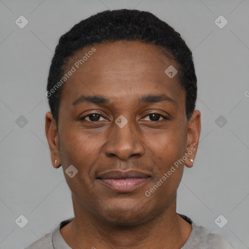 Joyful black adult male with short  black hair and brown eyes