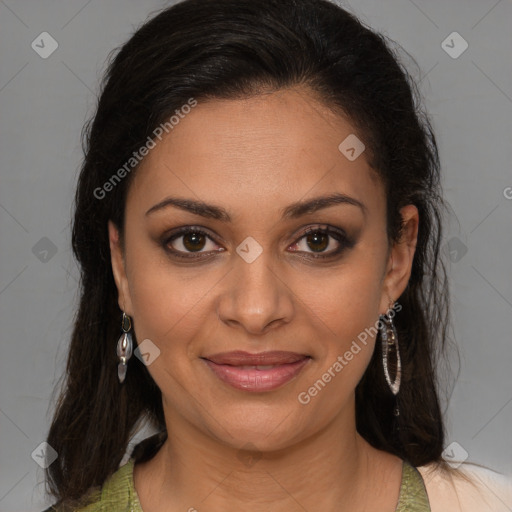 Joyful latino young-adult female with medium  brown hair and brown eyes