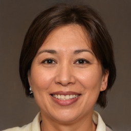 Joyful white adult female with medium  brown hair and brown eyes