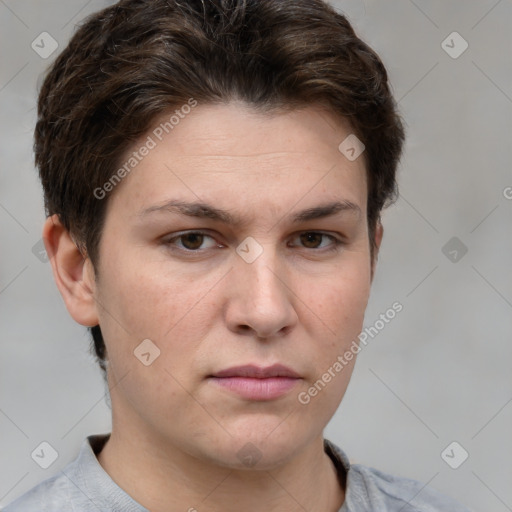 Joyful white young-adult female with short  brown hair and grey eyes