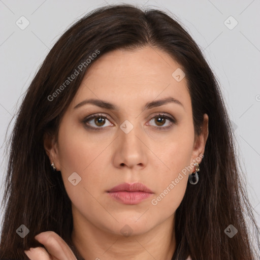 Neutral white young-adult female with long  brown hair and brown eyes