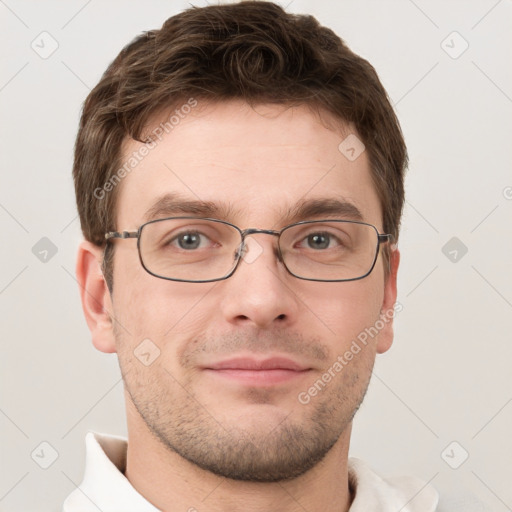 Neutral white young-adult male with short  brown hair and grey eyes