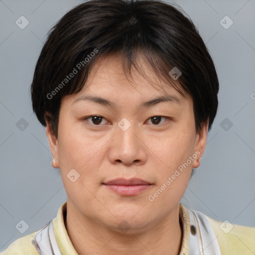 Joyful asian young-adult female with short  brown hair and brown eyes