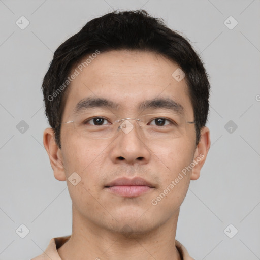 Neutral asian young-adult male with short  brown hair and brown eyes