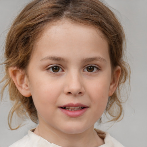 Joyful white child female with medium  brown hair and brown eyes