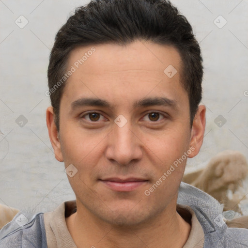 Joyful white young-adult male with short  brown hair and brown eyes