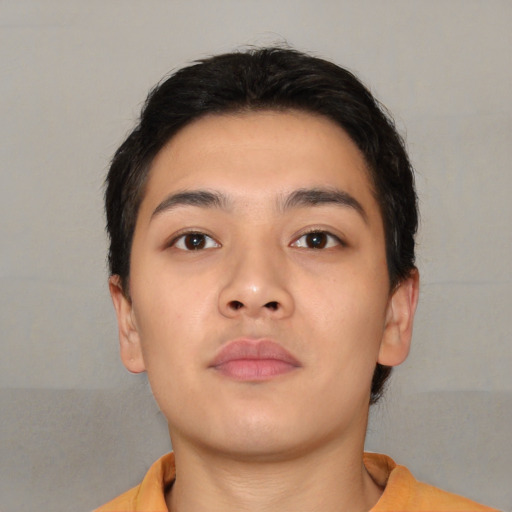 Neutral asian young-adult male with short  brown hair and brown eyes