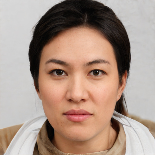 Neutral white young-adult female with short  brown hair and brown eyes