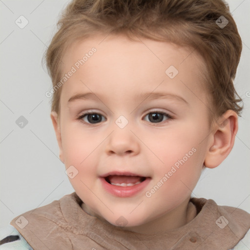 Joyful white child female with short  brown hair and brown eyes