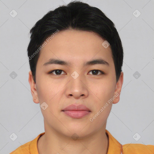 Neutral asian young-adult male with short  black hair and brown eyes