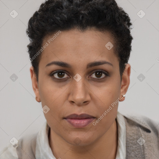 Joyful latino young-adult female with short  brown hair and brown eyes