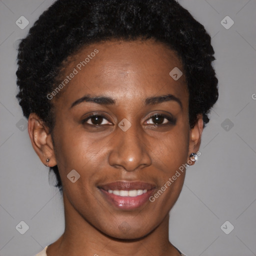 Joyful black young-adult female with short  brown hair and brown eyes