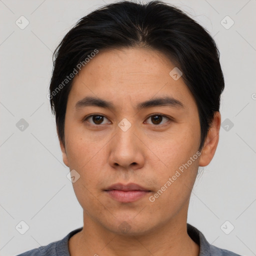 Neutral asian young-adult male with short  black hair and brown eyes