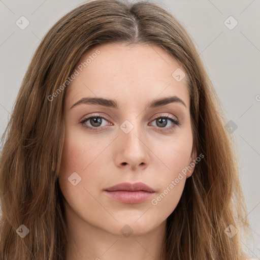 Neutral white young-adult female with long  brown hair and grey eyes