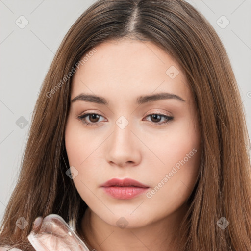 Neutral white young-adult female with long  brown hair and brown eyes