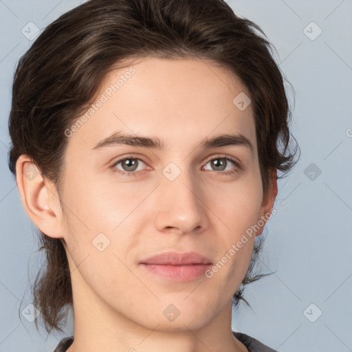 Joyful white young-adult male with medium  brown hair and brown eyes