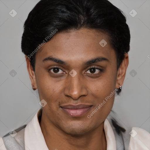 Joyful latino young-adult female with short  brown hair and brown eyes