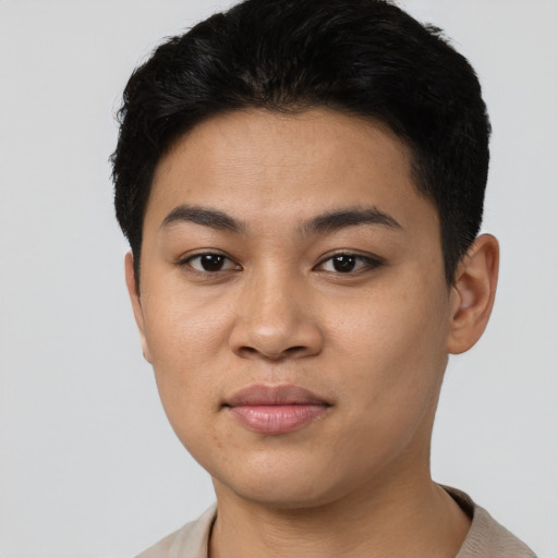Neutral latino young-adult female with short  black hair and brown eyes