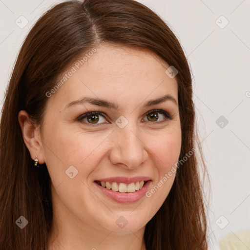 Joyful white young-adult female with long  brown hair and brown eyes