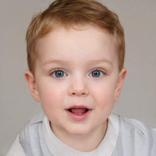 Joyful white child female with short  brown hair and blue eyes