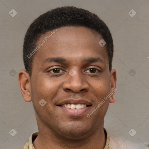 Joyful latino young-adult male with short  brown hair and brown eyes