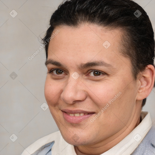 Joyful white adult female with short  brown hair and brown eyes