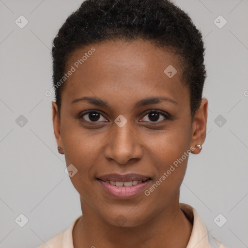 Joyful black young-adult female with short  brown hair and brown eyes