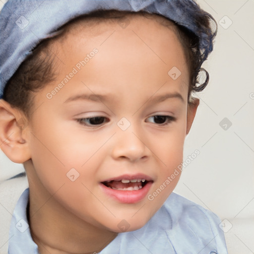 Joyful white child female with short  brown hair and brown eyes