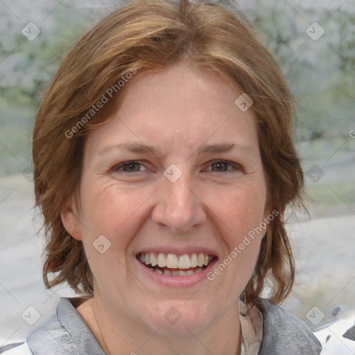 Joyful white adult female with medium  brown hair and grey eyes