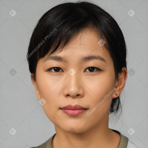 Neutral asian young-adult female with short  black hair and brown eyes