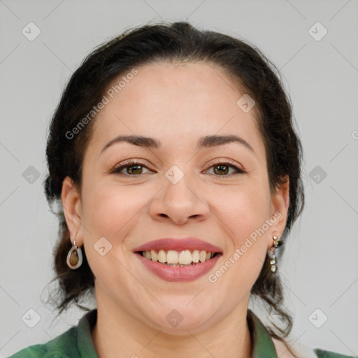 Joyful white young-adult female with medium  brown hair and green eyes