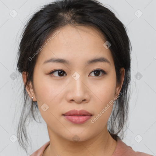 Neutral asian young-adult female with medium  brown hair and brown eyes