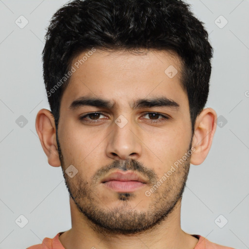Neutral white young-adult male with short  black hair and brown eyes