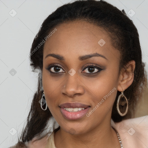 Joyful latino young-adult female with long  black hair and brown eyes