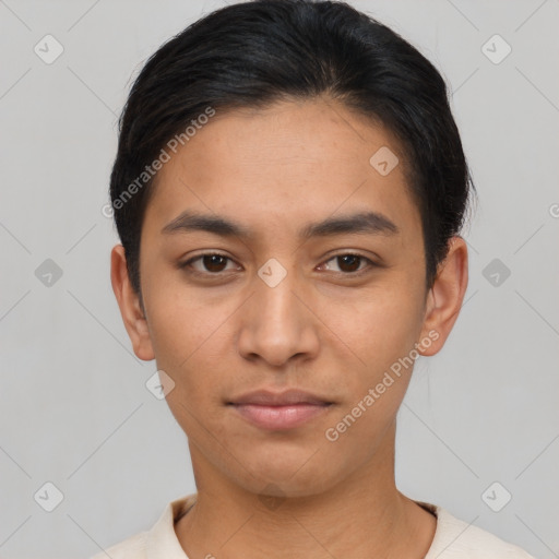 Neutral asian young-adult male with short  black hair and brown eyes