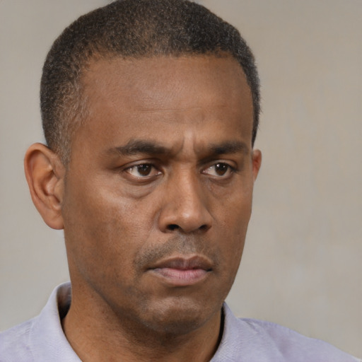 Neutral black adult male with short  brown hair and brown eyes