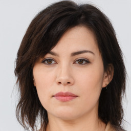 Neutral asian young-adult female with medium  brown hair and brown eyes