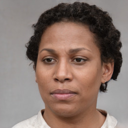 Neutral black adult female with short  brown hair and brown eyes