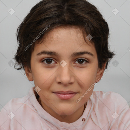 Joyful white child female with medium  brown hair and brown eyes