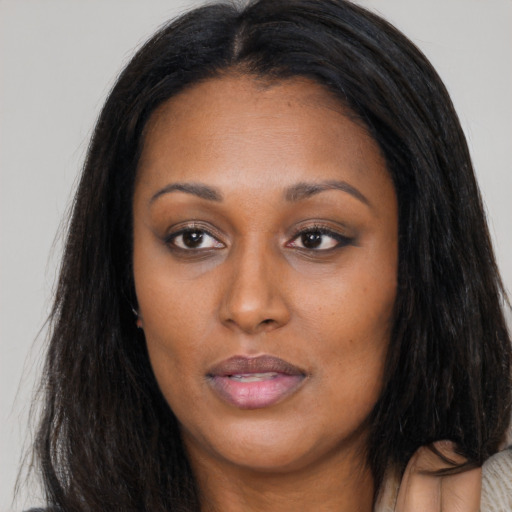 Neutral asian young-adult female with long  brown hair and brown eyes