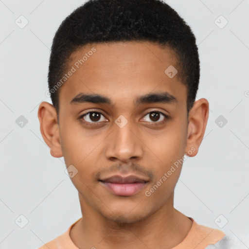 Neutral latino young-adult male with short  brown hair and brown eyes