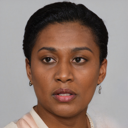 Neutral black young-adult female with short  black hair and brown eyes