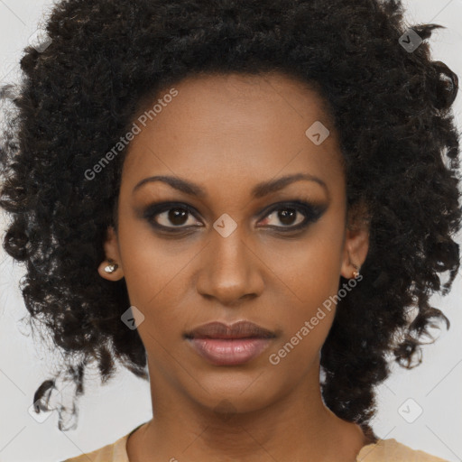 Neutral black young-adult female with medium  brown hair and brown eyes