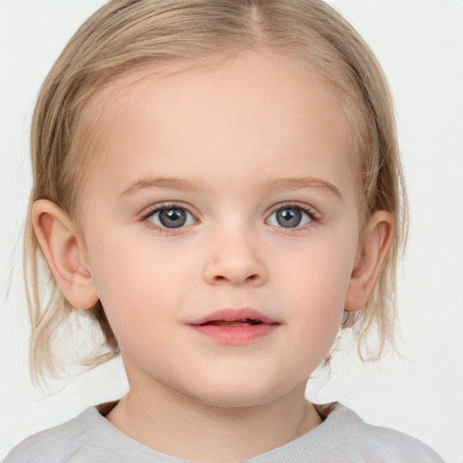 Neutral white child female with medium  brown hair and blue eyes