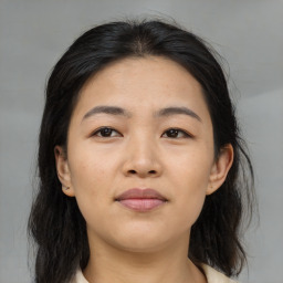 Neutral asian young-adult female with medium  brown hair and brown eyes